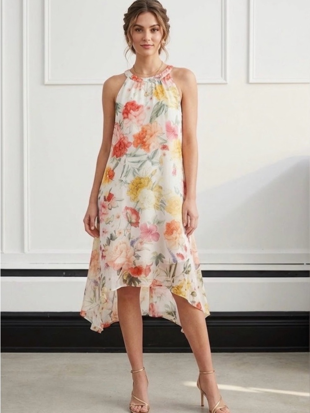 Floral High-Neck Summer Dress in Multi